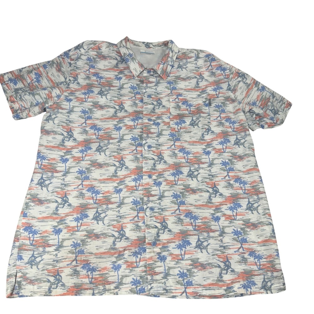 Columbia PFG Mens XL Short Sleeve Button Down Shirt Tropical Marlin Palm Tree XL